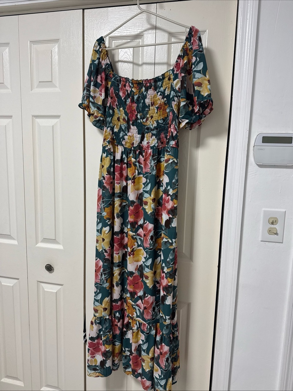 Inspired Hearts Teal Maxi Dress with Pink and Yellow Floral Print